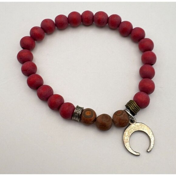 Red Wooden Beaded Bracelet with Celtic Double Horn Charm CFC Silver Tone Boho - Picture 6 of 7